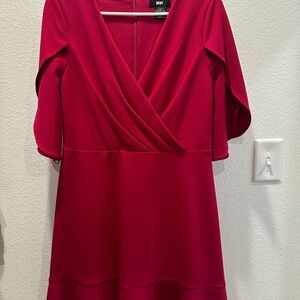 DKNY Red A-Line Dress with Flutter Sleeves and V-Neck